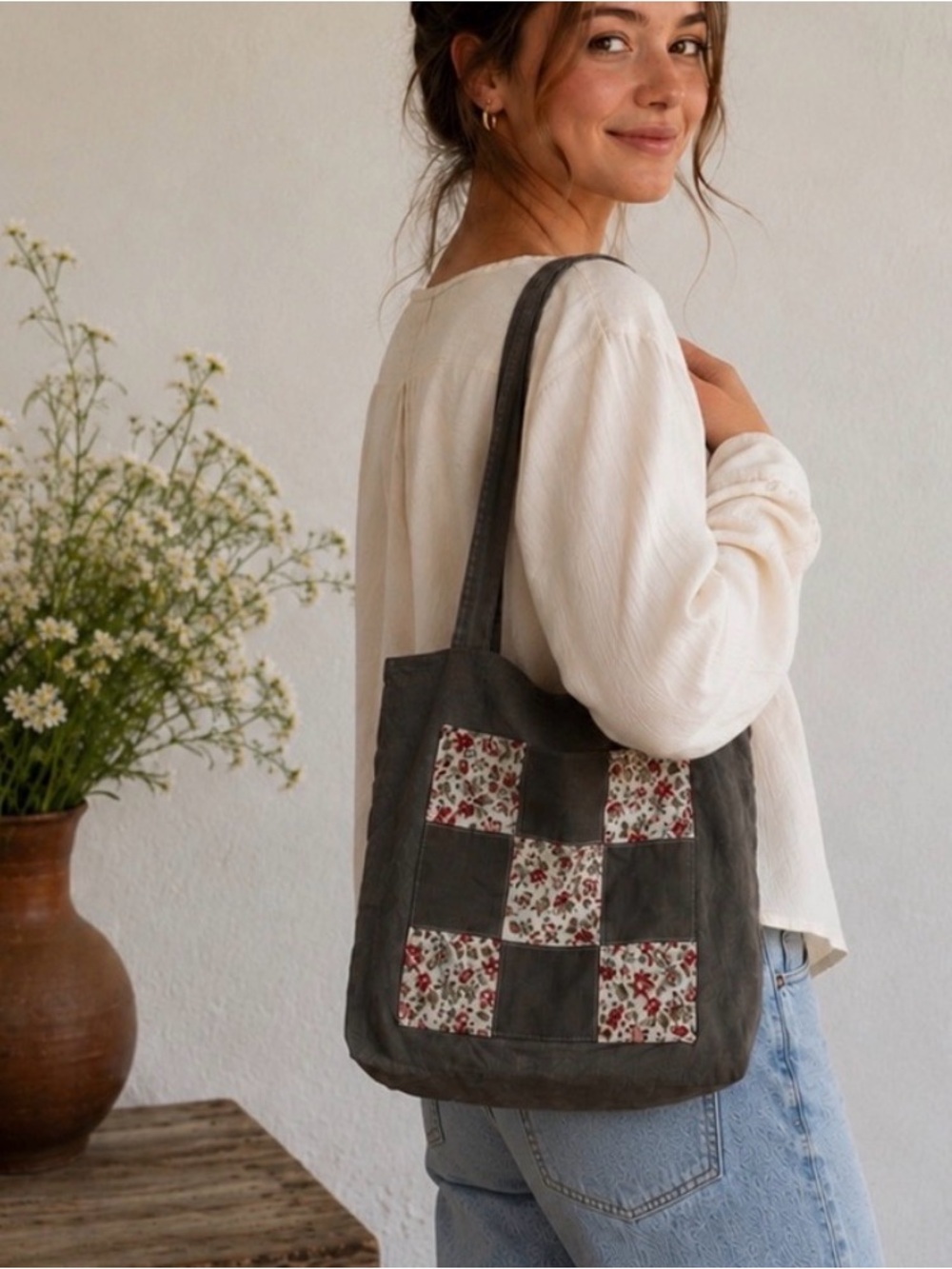 Linen Floral Patchwork Tote Bag